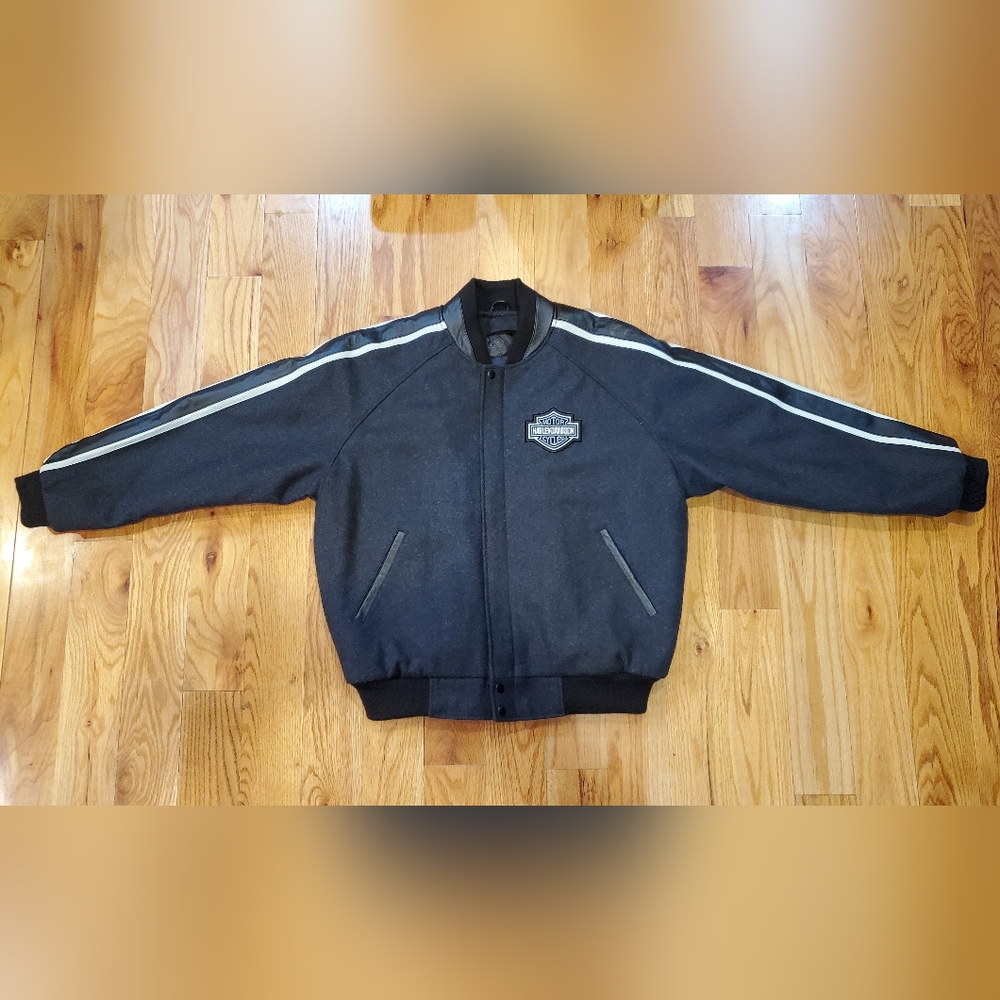 Black Wool blend jacket with Black/White Leather trim in size Large.